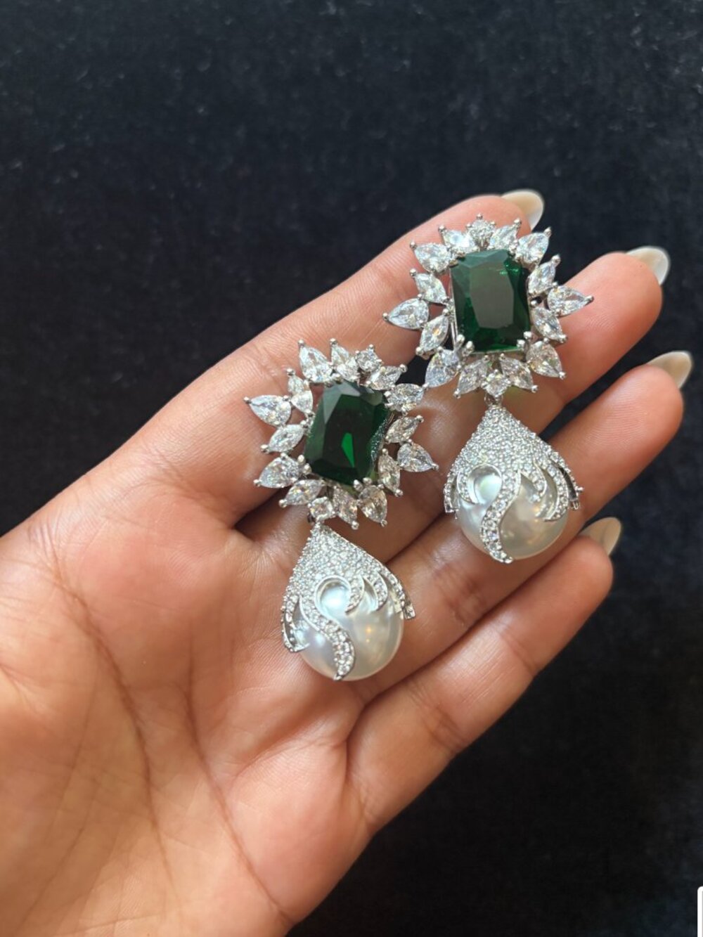 Faux Emerald and Cubic Zirconia Earrings - Never Worn